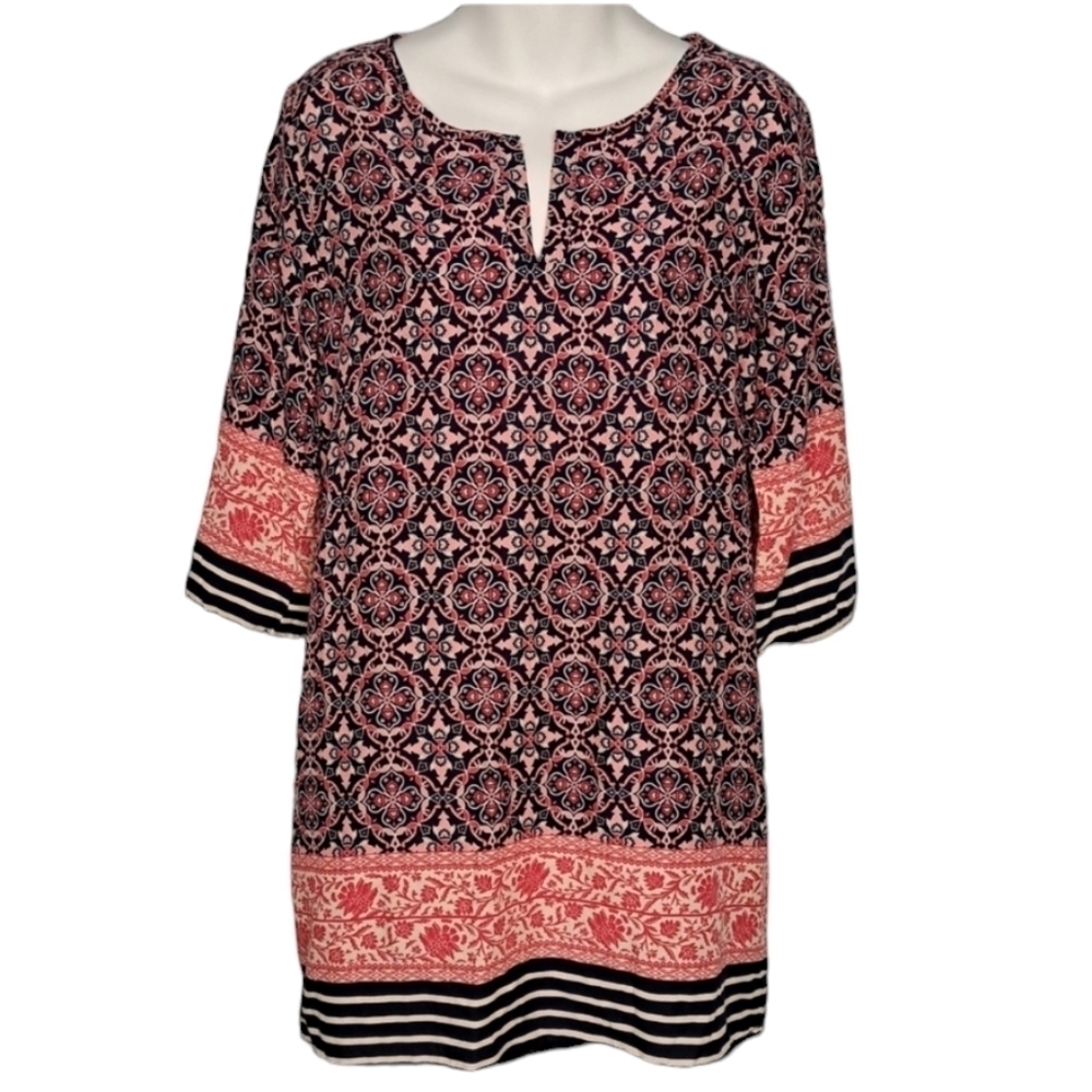 IRIS - Patterned Tunic Mini Dress - 100% Rayon - 3/4 Sleeve - Medium - EUC